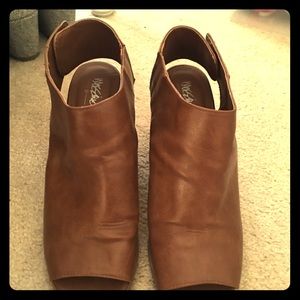 Open toe open back tan booties